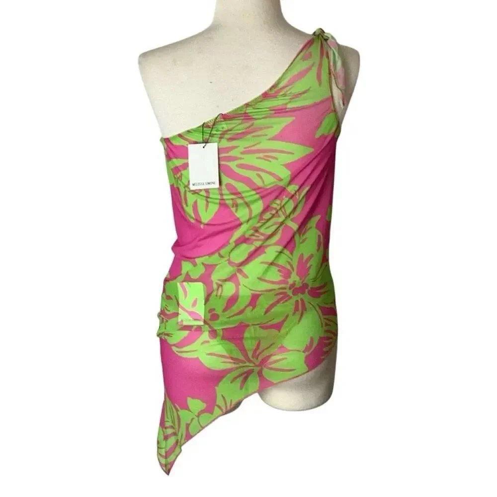 Melissa Simone NWT 2-Piece Tropical Swim Set Cover-Up & Bikini Bottoms Pink Lime